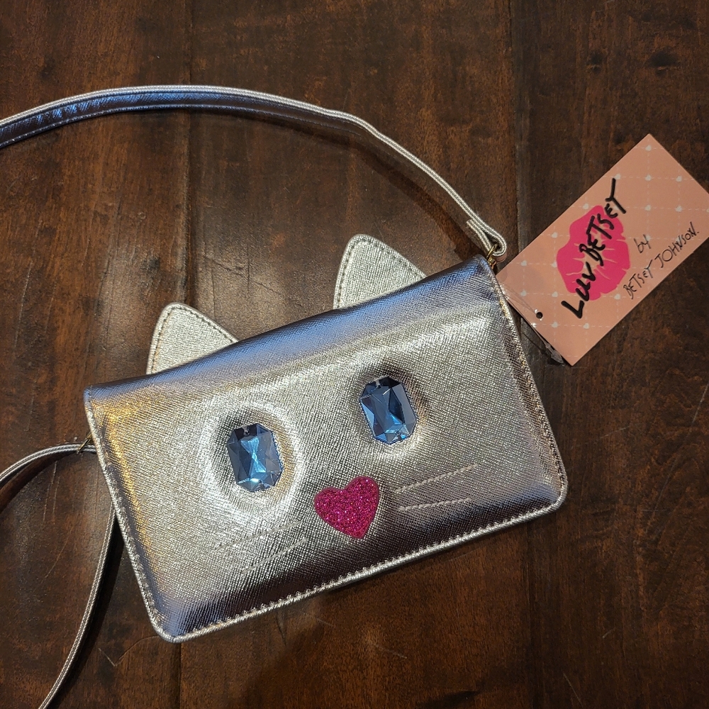 NWT Betsey Johnson Silver Metallic Cat Wallet Purse Clutch
